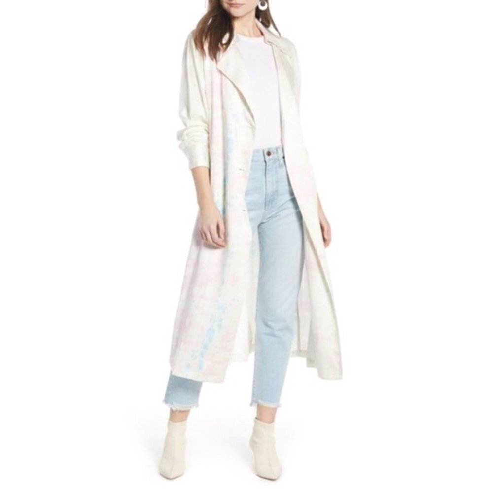 NEW‎ Something Navy Pastel Tie Dye Satin Long Trench Coat S